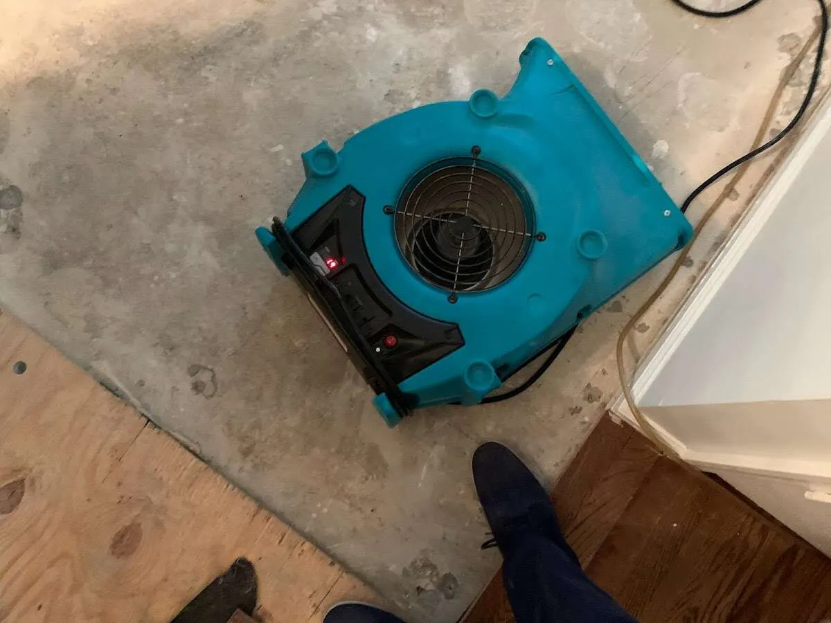 Air mover drying subfloor during Commercial Water Damage Restoration in Socorro